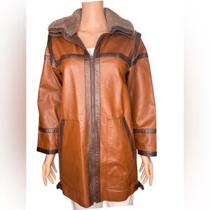 Vegan Leather Long Coat with Faux Fur Collar Medium